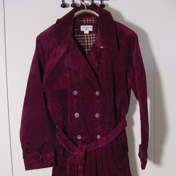 Vtg Kathy Ireland Wine Red Corduroy Mid Length Double Breasted Coat Jacket Sz XL